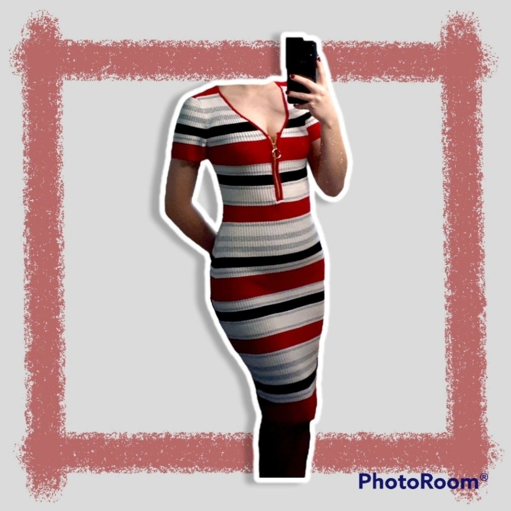 striped bodycon cleav-zip dress